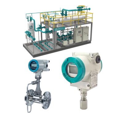 Siemens SITRANS P320 7MF0300 pressure transmitter, SITRANS FX330 vortex flowmeter, and flow control valve manifold