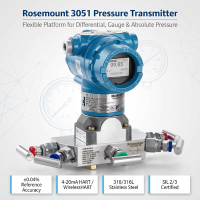 Rose-mount 3051 Έξυπνος πομπός πίεσης με ανοξείδωτο ατσάλι 316L 4-20 mA DC / HART και ±0,04% της Ακρίβειας Span