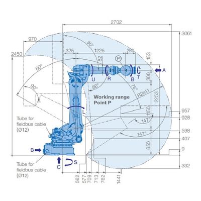 6 το ωφέλιμο φορτίο 225kg βραχιόνων GP225 ρομπότ άξονα φθάνει ρομπότ παράδοσης 2702mm στο υλικό