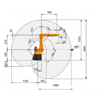 Το βιομηχανικό ρομπότ KR 10 R1420 10kg εκτίμησε το ωφέλιμο φορτίο 6 ρομποτικός βραχίονας Palletizer βραχιόνων ρομπότ παλετών άξονα