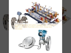 Ένα σύστημα βάσης βαλβίδας φυσικού αερίου εξοπλισμένο με ένα μετρητή ροής στροβιλισμού Rosemount σειράς 8800 και έναν πομπό στάθμης φλάντζας 3051L.